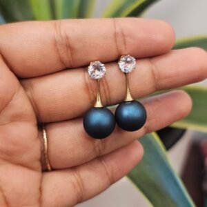 Blue Pearl Drop Earrings with Crystal Stud and Gold Tone Detail