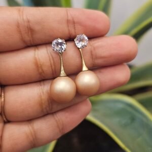 Champagne Gold Pearl Drop Earrings with Crystal Stud and Gold Tone Detail