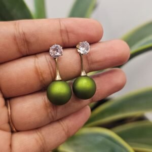 Olive Green Pearl Drop Earrings with Crystal Stud and Gold Tone Detail