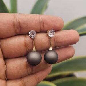 Charcoal Grey Pearl Drop Earrings with Crystal Stud and Gold Tone Detail