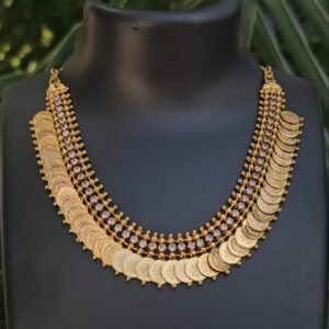 Traditional Gold Plated Coin Layer Necklace with White Stone Detailing