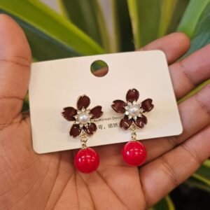 Korean Style Maroon Floral Pearl Earrings with Red Bead Drop FS25 | MRJA Vastrahara