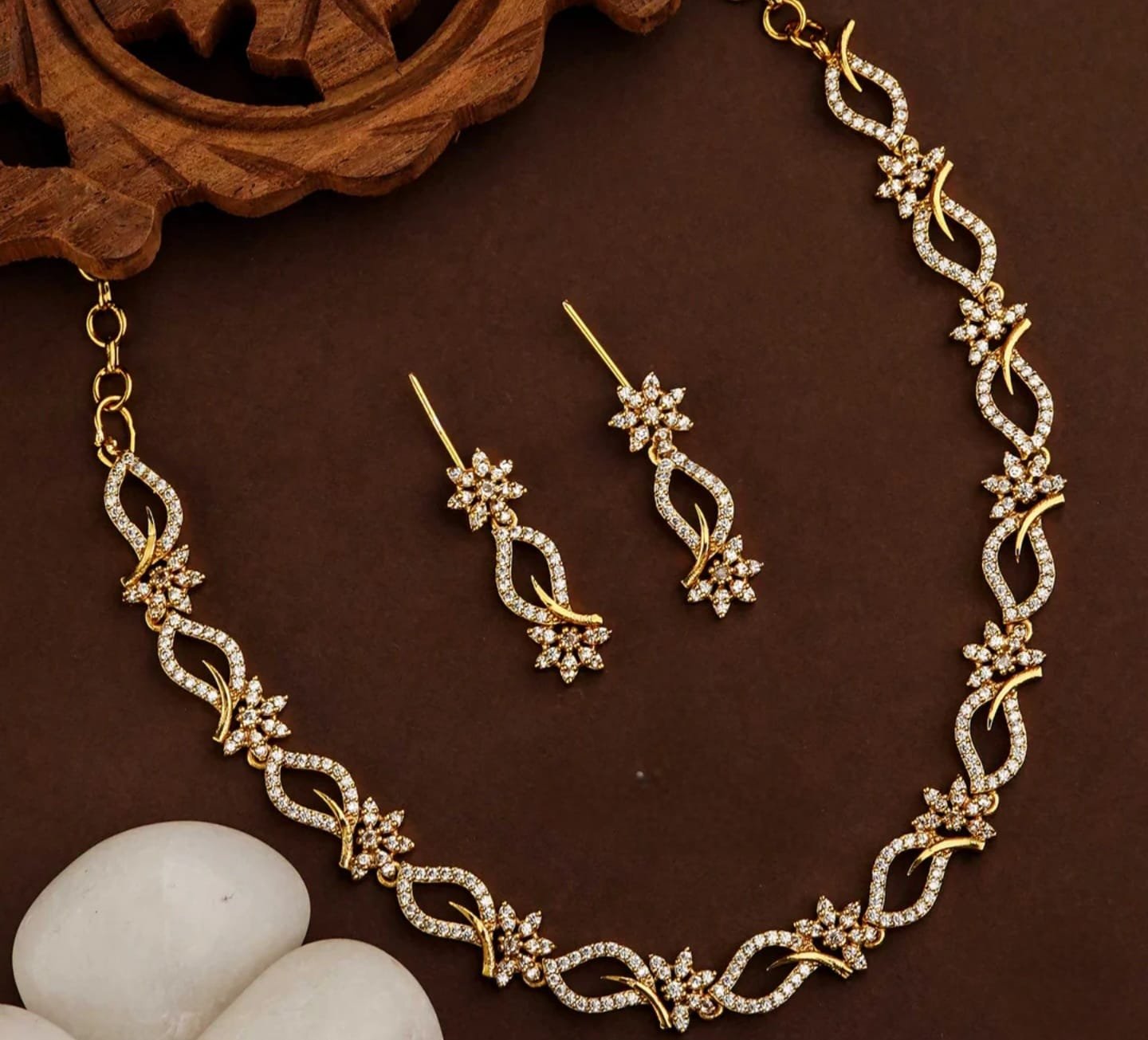 Gold Plated American Diamond Floral Necklace Set – KBJ10 Gold Plated American Diamond Floral Necklace Set KBJ10