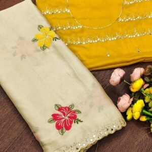 Ivory Rangoli Silk Saree with Pink and Yellow Floral Embroidery MHP65 from MRJA Vastrahara