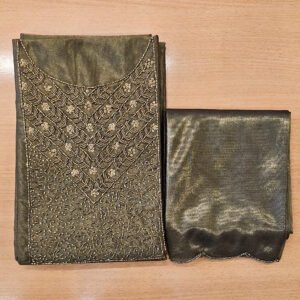 Olive green embellished ethnic top with lining and matching shawl featuring intricate geometric lattice, floral beadwork, sequin detailing and scalloped embellished shawl edge | Code CM12