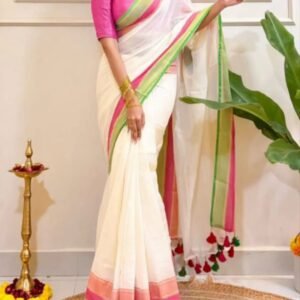 Onam Special Off White Mul Cotton Saree with Pink and Green Border