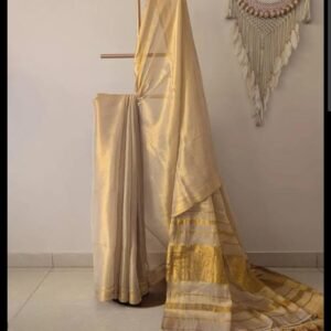 Golden Beige Onam Mul Cotton Saree with Gold Stripes and Matching Tassels