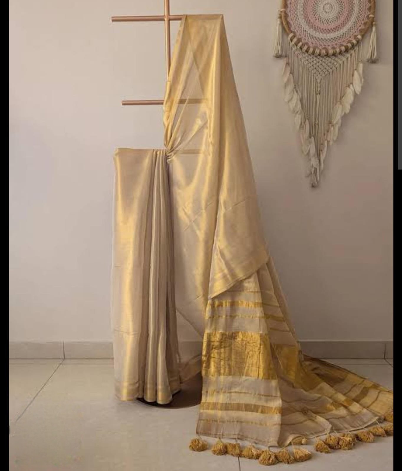img 20260723 wa0018 Golden Beige Onam Mul Cotton Saree with Gold Stripes and Matching Tassels