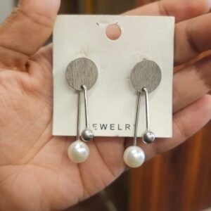 Silver Tone Pearl Drop Earrings with Round Stud Design