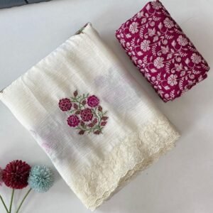 Ivory Pure Crush Georgette Chiffon Floral Embroidery Saree with Wine Lucknowi Blouse ATS01
