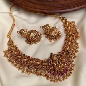 Antique Gold Lakshmi Temple Choker Necklace Set with Earrings MNK34