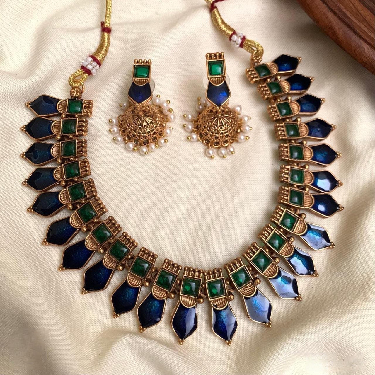 nk blue green stone necklace Antique Blue and Green Stone Necklace Set with Matching Earrings MNK26