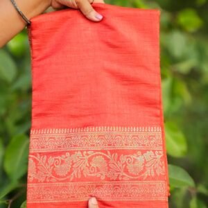 Coral Red Vichitra Silk Saree with Traditional Floral Border