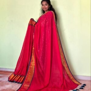 Red Mul Cotton Saree with Golden Border and Tassels