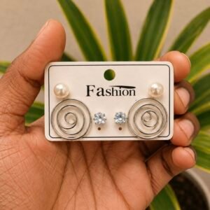 3 Pair Pearl Crystal and Silver Spiral Fashion Earring Combo FA23 | MRJA Vastrahara