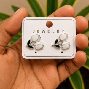 White Tulip Floral Stud Earrings with Deep Green Leaves ST09 | MRJA Vastrahara