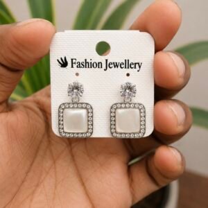 Silver Square Pearl Crystal Drop Earrings | MRJA Vastrahara