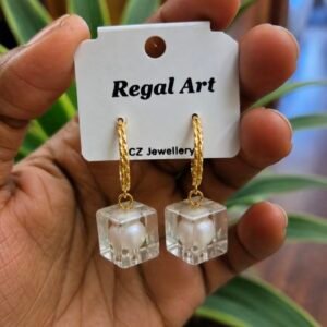 Gold Hoop Clear Cube Pearl Drop Earrings | MRJA Vastrahara