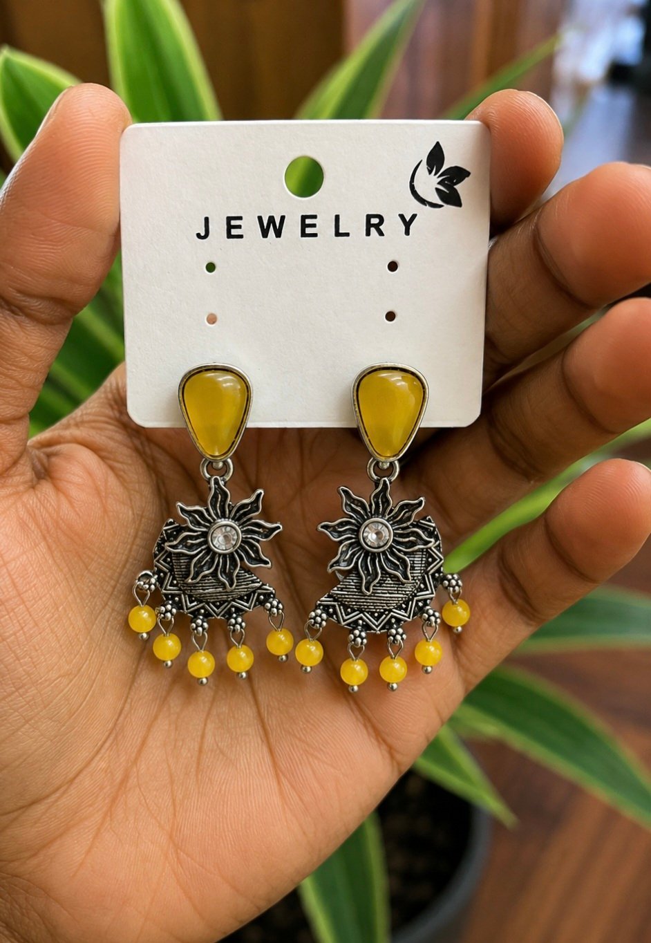 Yellow Beaded Oxidised Statement Earrings | PF29 Yellow Beaded Oxidised Statement Earrings | MRJA Vastrahara
