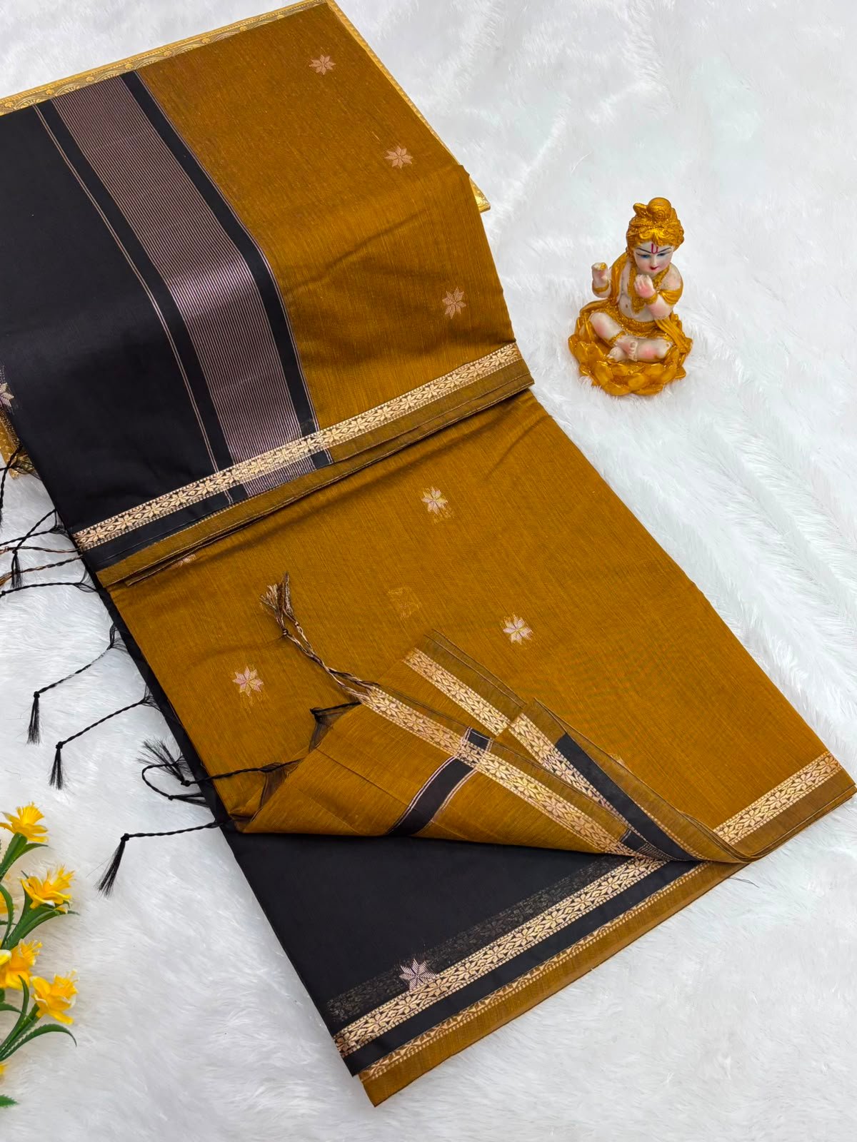 whatsapp image 2026 08 13 at 2.42.04 pm Mustard Gold Maheshwari Silk Saree with Black Contrast Border| MAH01