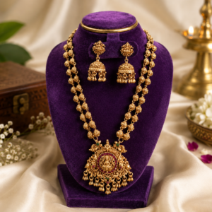 Antique Lakshmi Pendant Long Haram with Matching Jhumka Earrings KBJ04
