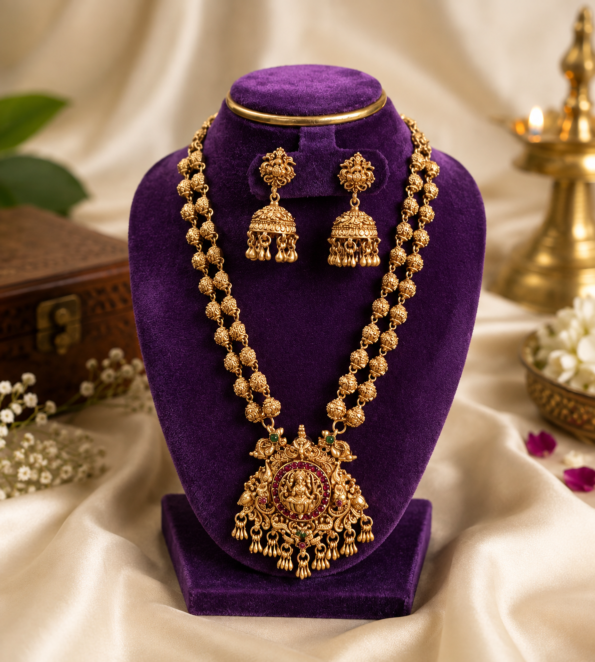 Antique Lakshmi Pendant Long Haram with Jhumka Earrings – KBJ04 Antique Lakshmi Pendant Long Haram with Matching Jhumka Earrings KBJ04