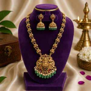 Antique Lakshmi Pendant Haram with Green Beads and Jhumka Earrings KBJ03