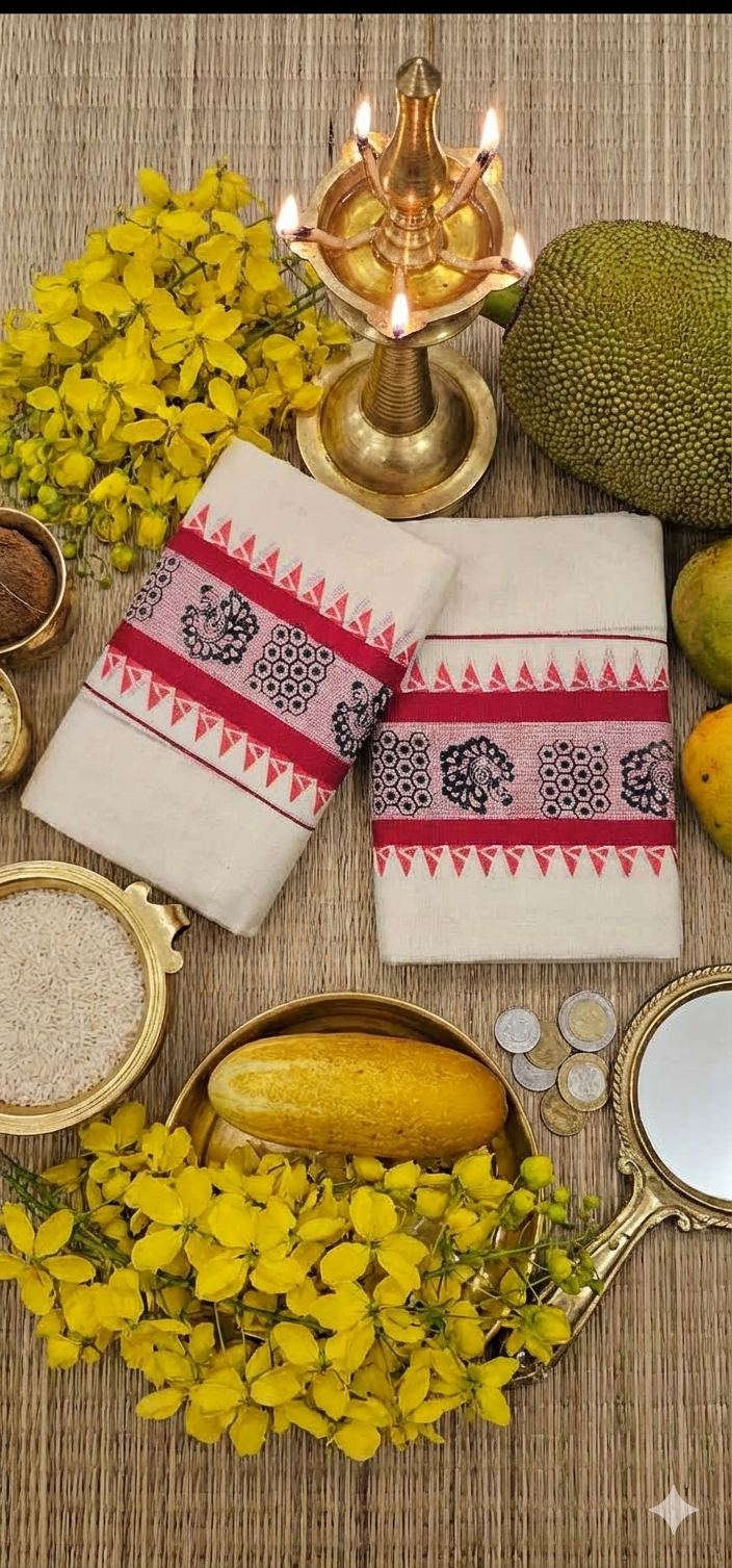 image 2d2e1cd8 Kerala Onam Set Mundu with Red Border Black Peacock and Geometric Print – KH07B | MRJA Vastrahara