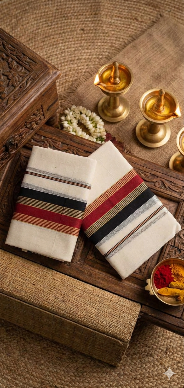 image 3a1eb5b0 Kerala Onam Set Mundu with Black Maroon and Golden Kasavu Border – KH04A | MRJA Vastrahara