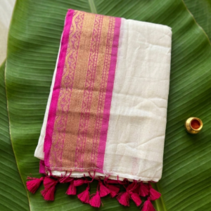 Off-White Mul Cotton Onam Saree with Pink and Golden Traditional Woven Border – BH12 | MRJA Vastrahara