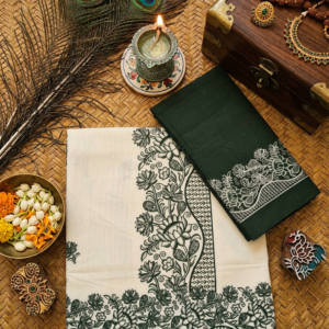 Traditional Kerala Kasavu Set Saree with Dark Green Printed Motifs and Dark Green Blouse with White Prints | MRJA Vastrahara| BP01