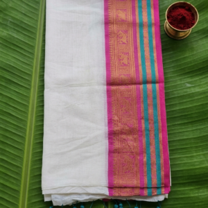 Off-White Mul Cotton Onam Saree with Pink Woven Zari and Turquoise Blue Border – BN11 | MRJA Vastrahara