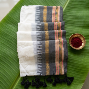 Off-White Mul Cotton Onam Saree with Black and Golden Traditional Woven Border – BN14 | MRJA Vastrahara