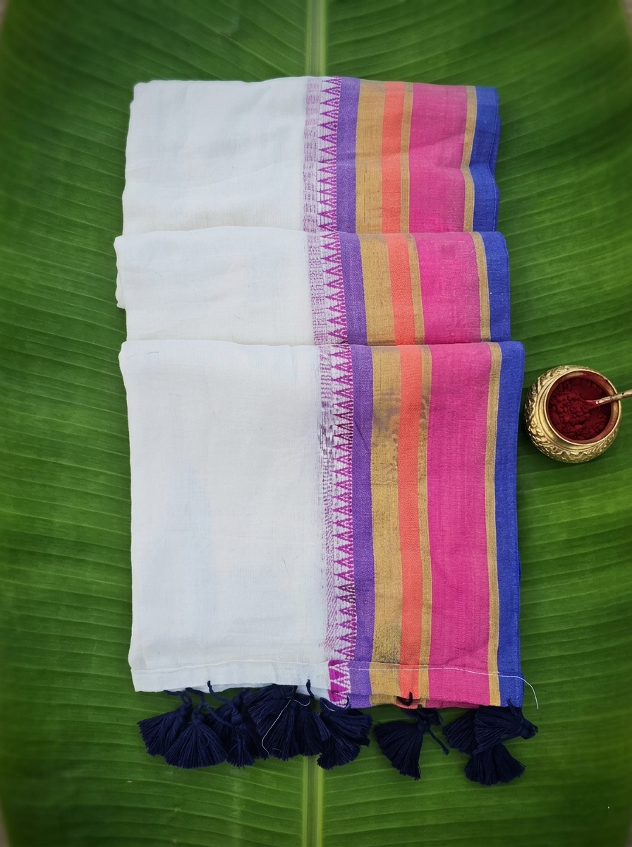 image c73aa32c Off-White Mul Cotton Onam Saree with Purple Pink Multicolour Woven Border – BN13 | MRJA Vastrahara