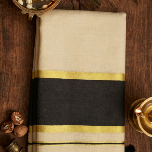 Kerala Tissue Saree with Broad Black Kasavu Border and Black Tassels BMP07F | MRJA Vastrahara