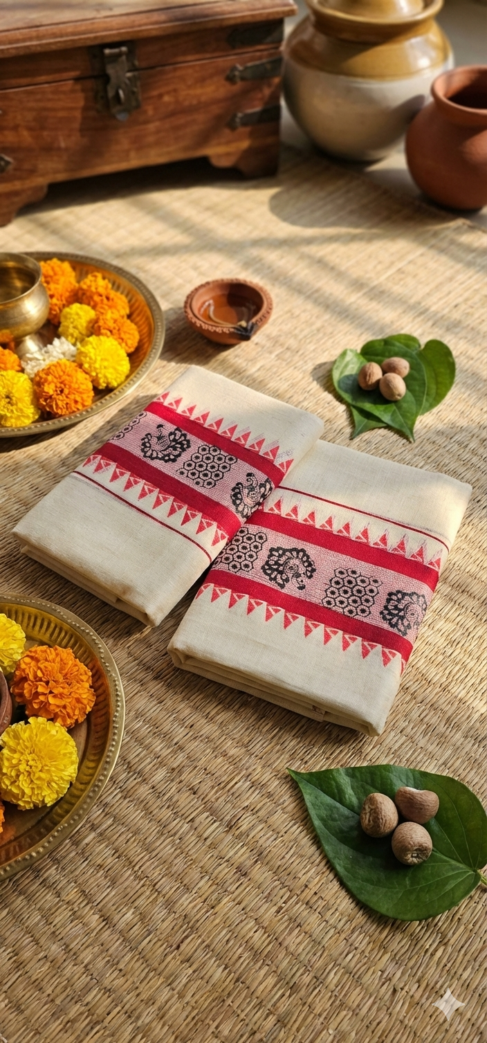 image f2bd5c05 Kerala Onam Set Mundu with Red Border Black Peacock and Geometric Print – KH07B | MRJA Vastrahara