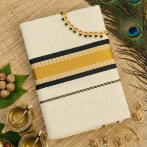Traditional Kerala Kasavu Set Saree with Black and Golden Border KH01 | MRJA Vastrahara