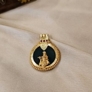 P482A Round Krishna Green Enamel Traditional Pendant