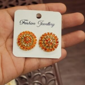 Circular Sparkling Orange and Amber Stone Stud Earrings in Gold Finish – MF85