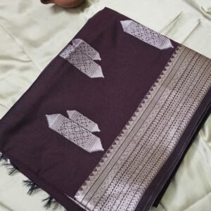 Chocolate brown and dark green handloom silk cotton saree with silver zari motifs and floral zari pallu – MHP29