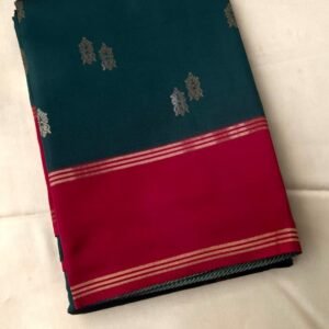 Dark green soft silk saree with red border and gold stripes – MRJ101