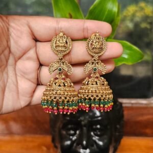 Antique gold temple jewellery bridal jhumka earrings with Lakshmi motif and green and pink bead drops – DC006