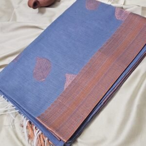 Pure Handloom Silk Cotton Saree in Slate Blue with Copper Zari Woven Pallu – MHP27