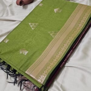 Pure Handloom Silk Cotton Saree in Olive Green with Contrast Wine Zari Pallu – MHP32
